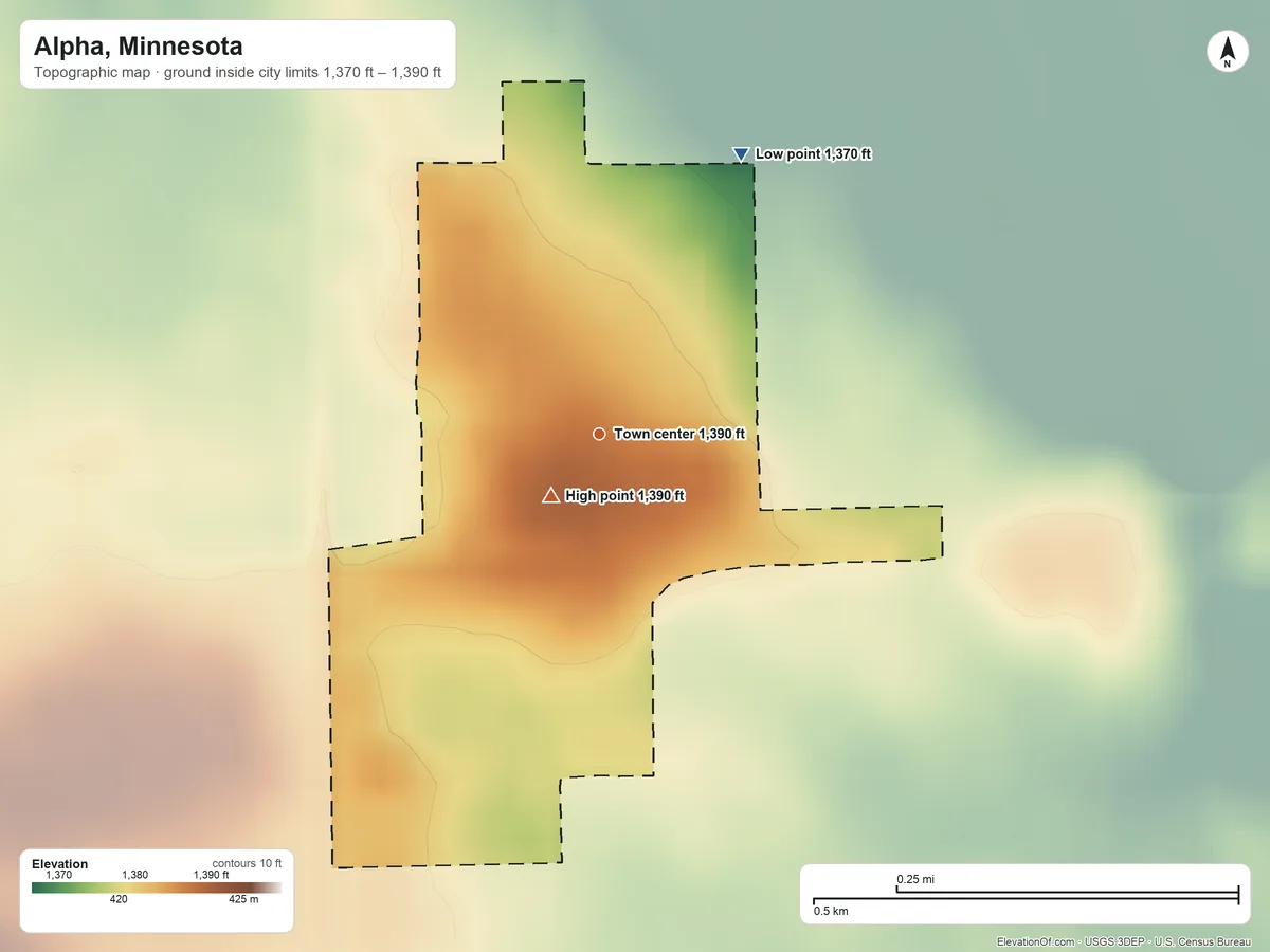 Topographic elevation map of Alpha, Minnesota, shaded from 1,370 ft on the northeast side to 1,390 ft near the middle