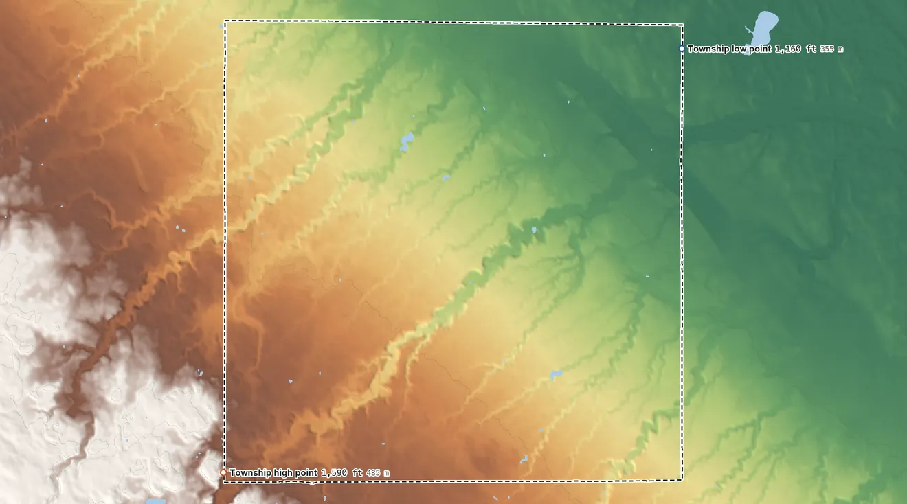 Topographic elevation map of Alta Vista Township, Minnesota, shaded from 1,160 ft on the northeast side to 1,590 ft on the southwest side