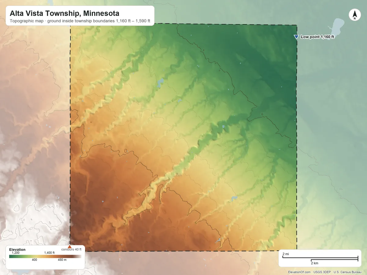 Topographic elevation map of Alta Vista Township, Minnesota, shaded from 1,160 ft on the northeast side to 1,590 ft on the southwest side