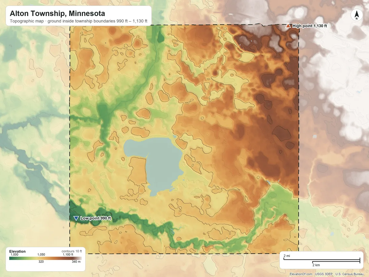 Topographic elevation map of Alton Township, Minnesota, shaded from 990 ft on the west side to 1,130 ft on the northeast side