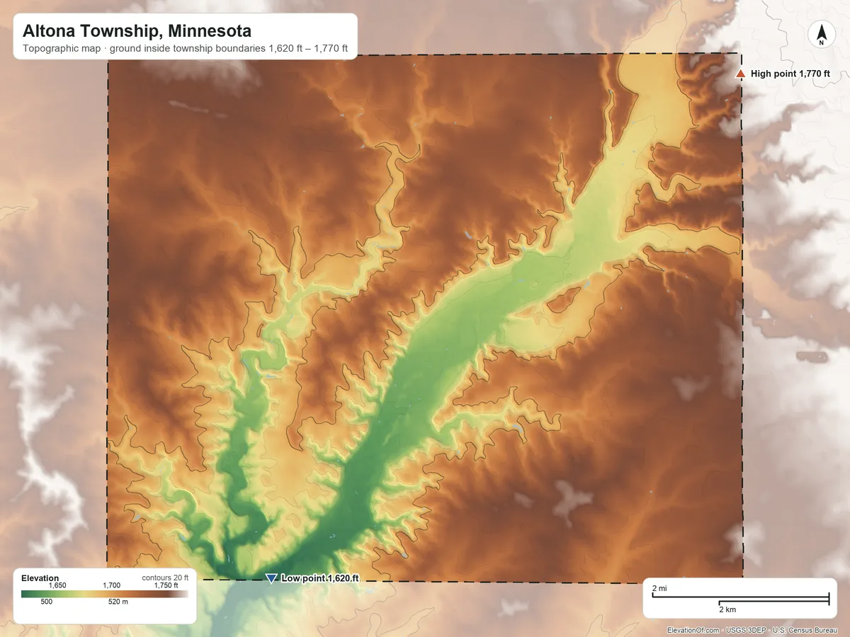 Topographic elevation map of Altona Township, Minnesota, shaded from 1,620 ft on the southwest side to 1,770 ft on the northeast side