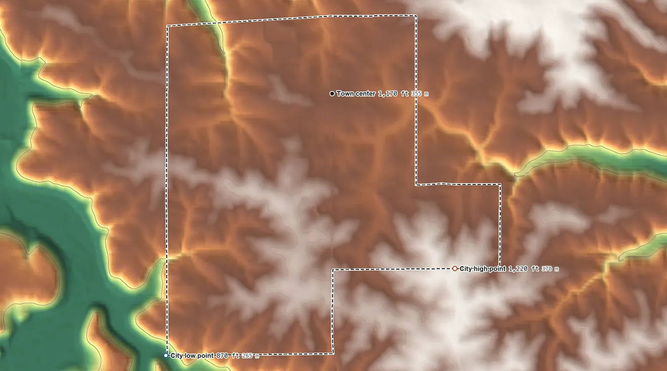 Topographic elevation map of Altura, Minnesota, shaded from 870 ft on the southwest side to 1,220 ft on the southeast side