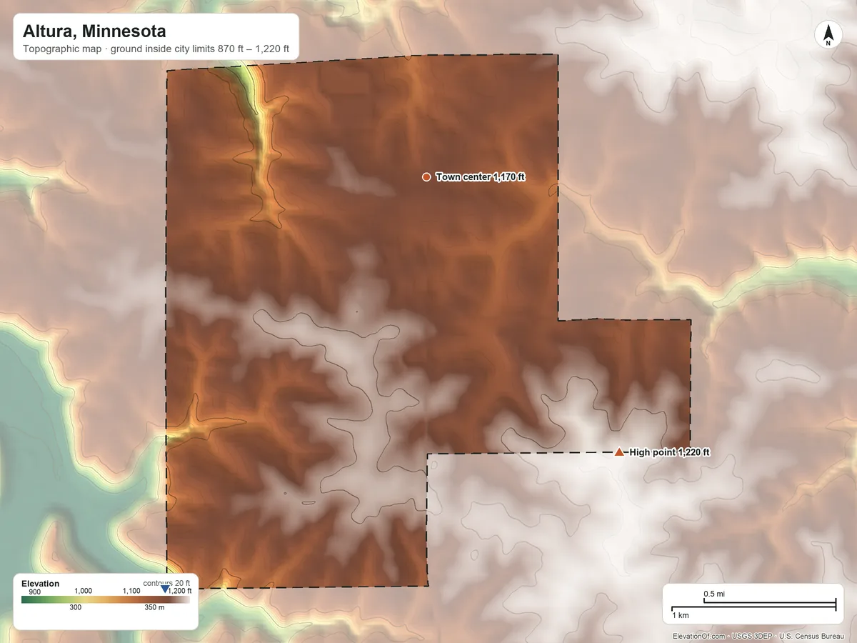 Topographic elevation map of Altura, Minnesota, shaded from 870 ft on the southwest side to 1,220 ft on the southeast side