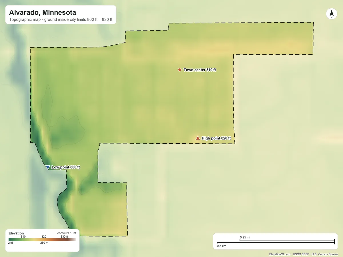 Topographic elevation map of Alvarado, Minnesota, shaded from 800 ft on the southwest side to 820 ft on the south side