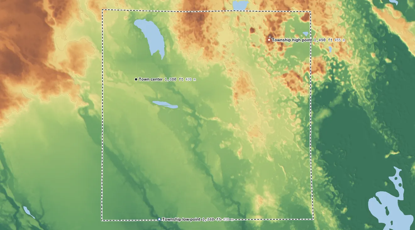 Topographic elevation map of Alvwood Township, Minnesota, shaded from 1,340 ft on the south side to 1,490 ft on the east side