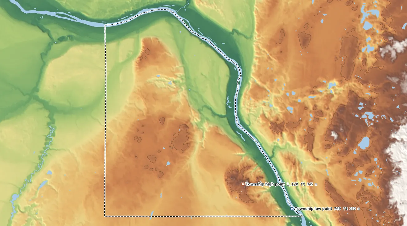 Topographic elevation map of Amador Township, Minnesota, shaded from 760 ft on the southeast side to 1,120 ft on the southeast side