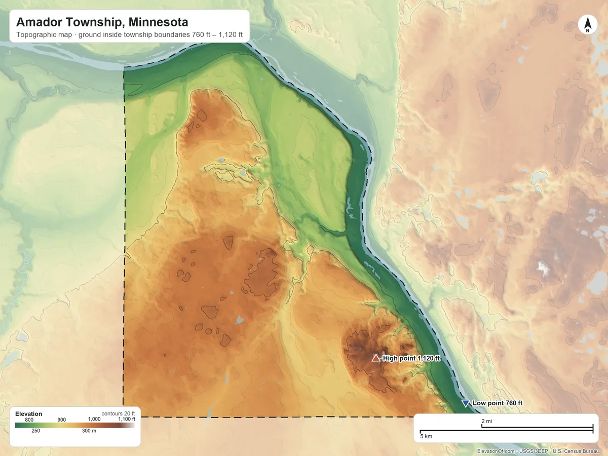 Topographic elevation map of Amador Township, Minnesota, shaded from 760 ft on the southeast side to 1,120 ft on the southeast side