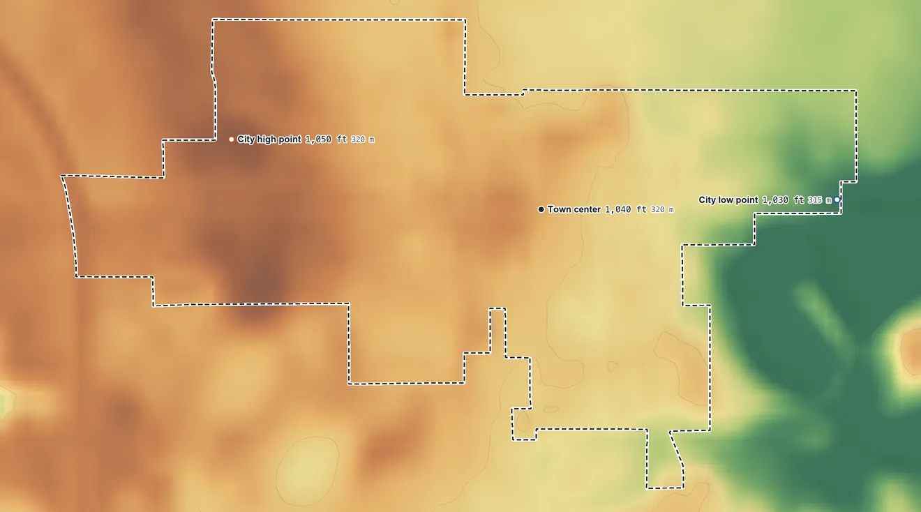 Topographic elevation map of Amboy, Minnesota, shaded from 1,030 ft on the east side to 1,050 ft on the west side