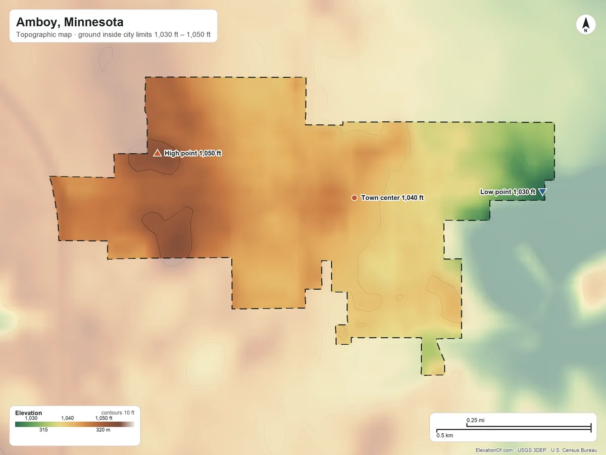 Topographic elevation map of Amboy, Minnesota, shaded from 1,030 ft on the east side to 1,050 ft on the west side