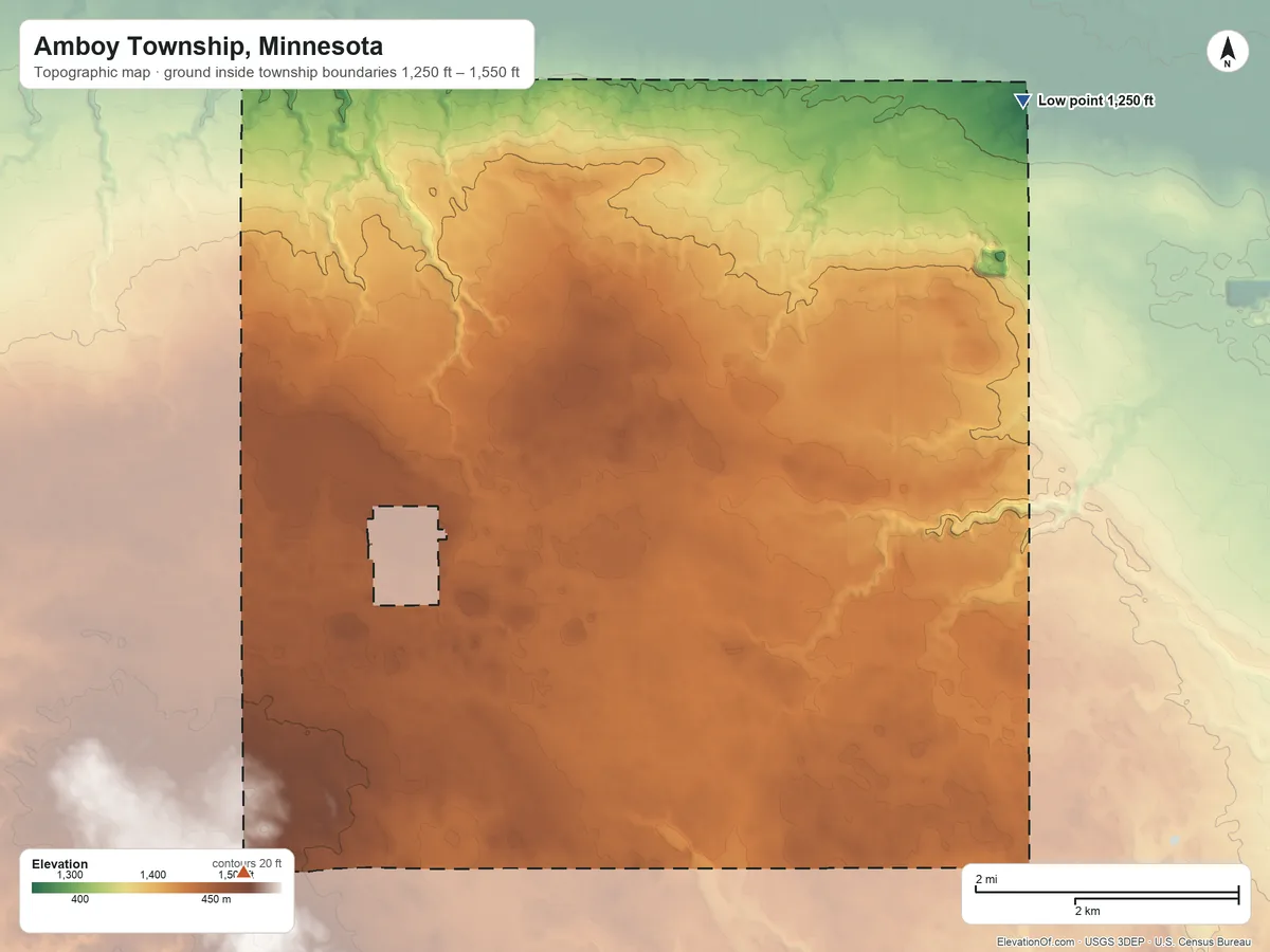 Topographic elevation map of Amboy Township, Minnesota, shaded from 1,250 ft on the northeast side to 1,550 ft on the southwest side