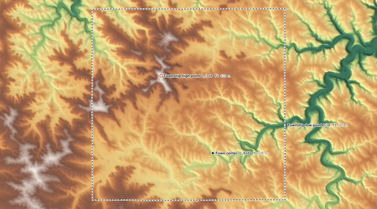 Topographic elevation map of Amherst Township, Minnesota, shaded from 930 ft on the east side to 1,340 ft on the northwest side