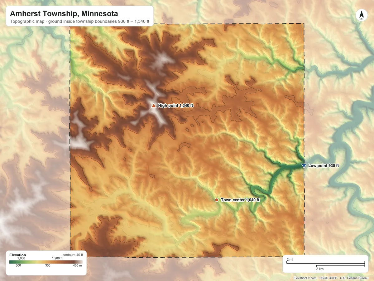 Topographic elevation map of Amherst Township, Minnesota, shaded from 930 ft on the east side to 1,340 ft on the northwest side
