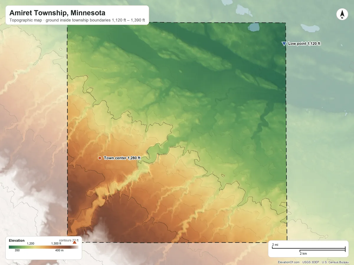 Topographic elevation map of Amiret Township, Minnesota, shaded from 1,120 ft on the northeast side to 1,390 ft on the south side