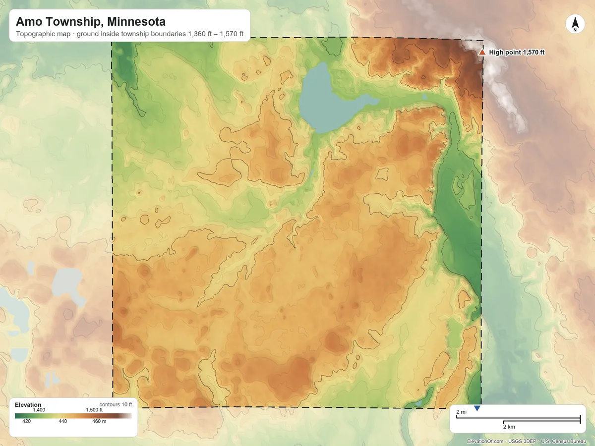 Topographic elevation map of Amo Township, Minnesota, shaded from 1,360 ft on the southeast side to 1,570 ft on the northeast side