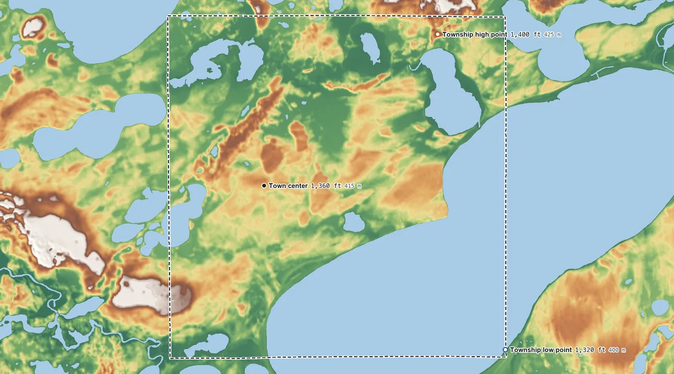 Topographic elevation map of Amor Township, Minnesota, shaded from 1,320 ft on the southeast side to 1,400 ft on the northeast side