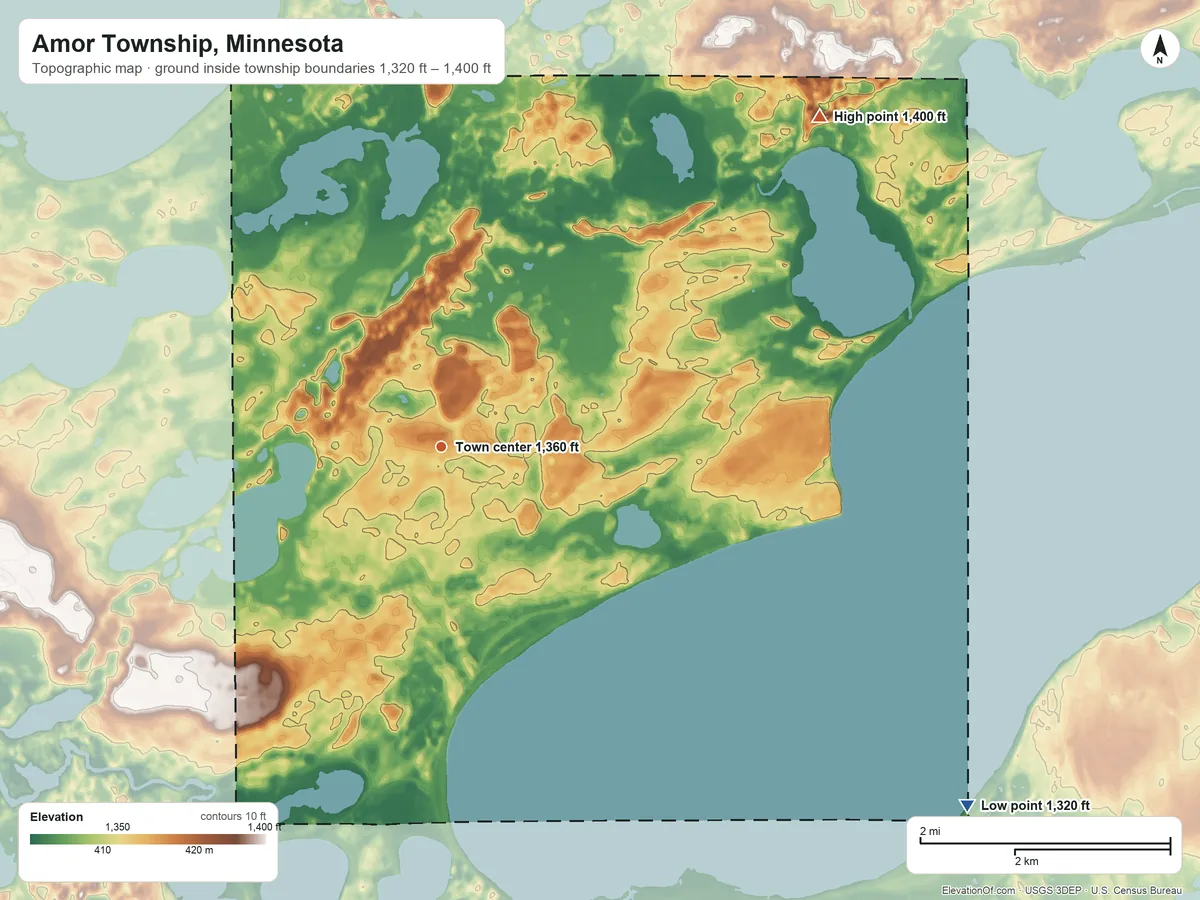 Topographic elevation map of Amor Township, Minnesota, shaded from 1,320 ft on the southeast side to 1,400 ft on the northeast side