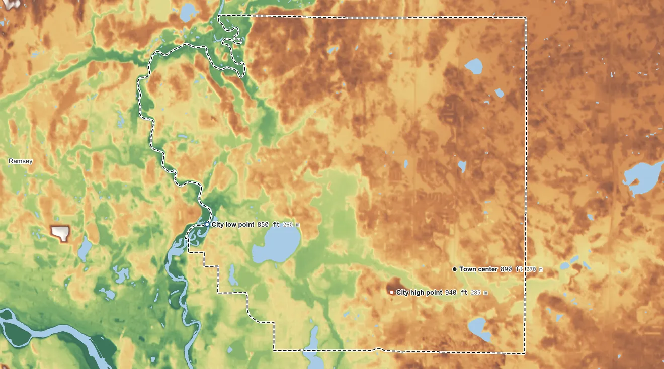 Topographic elevation map of Andover, Minnesota, shaded from 850 ft on the west side to 940 ft on the west side