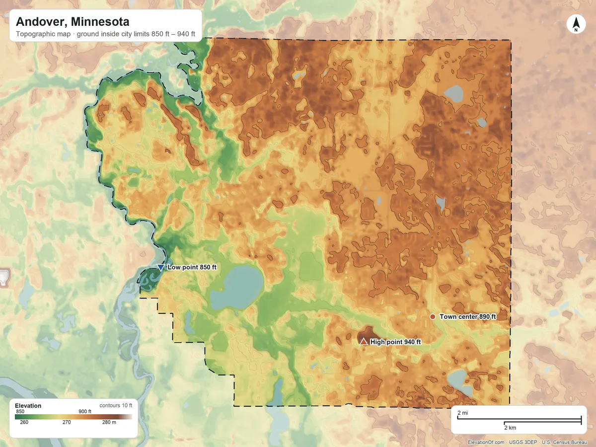 Topographic elevation map of Andover, Minnesota, shaded from 850 ft on the west side to 940 ft on the west side