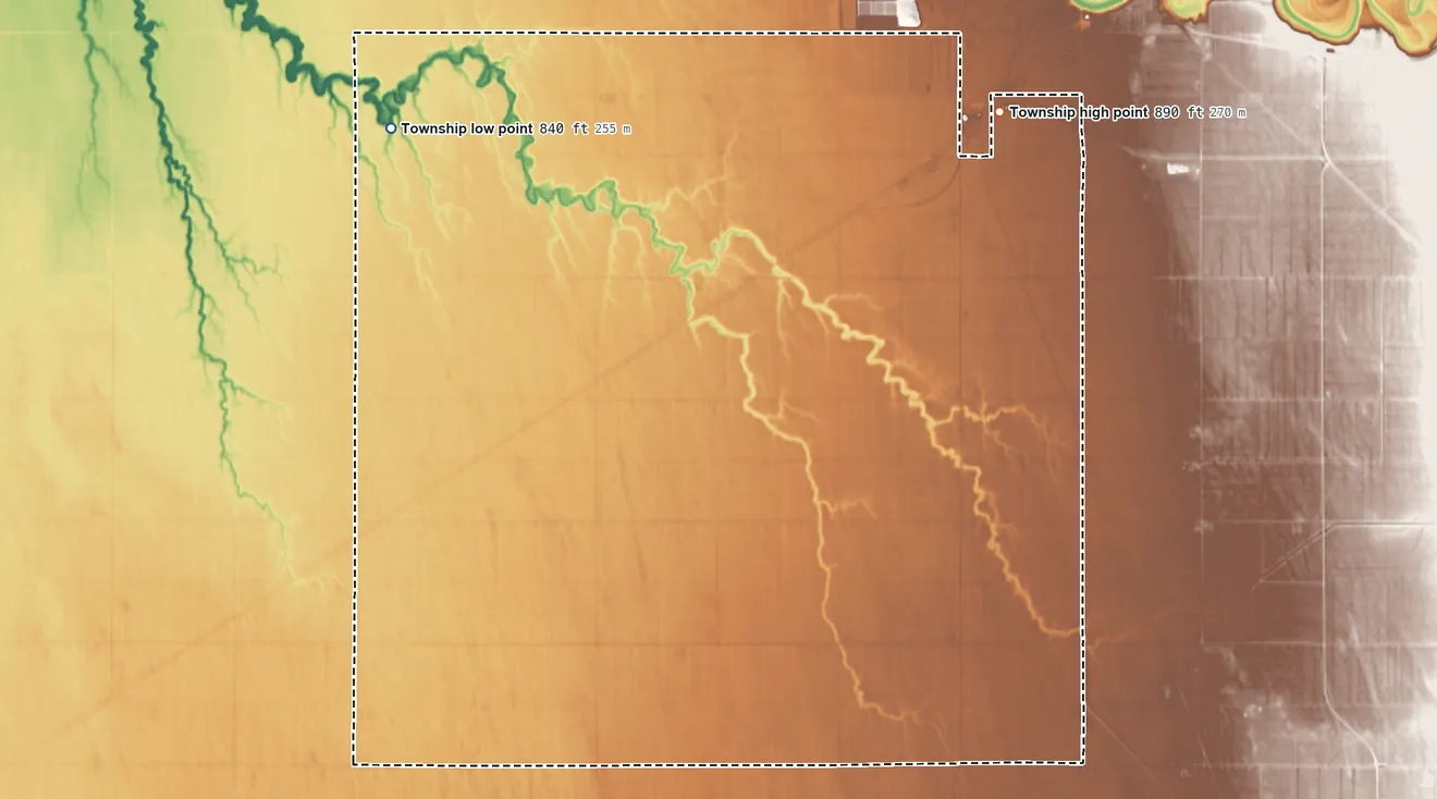 Topographic elevation map of Andover Township, Minnesota, shaded from 840 ft on the northwest side to 890 ft on the northeast side