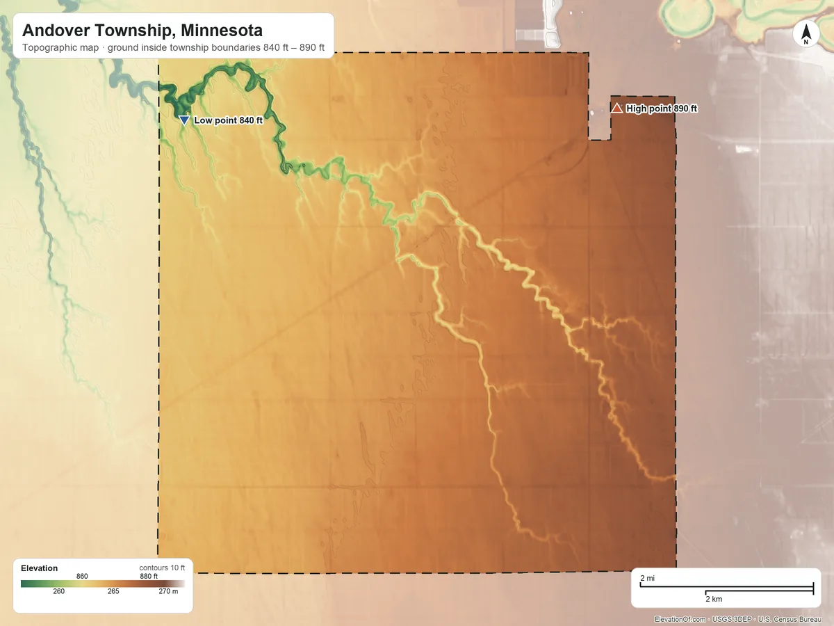 Topographic elevation map of Andover Township, Minnesota, shaded from 840 ft on the northwest side to 890 ft on the northeast side
