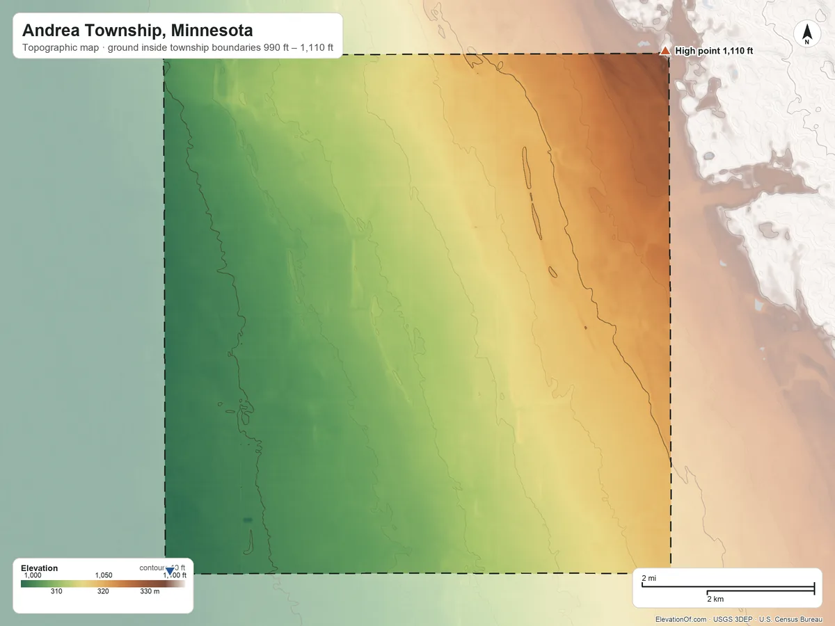 Topographic elevation map of Andrea Township, Minnesota, shaded from 990 ft on the southwest side to 1,110 ft on the northeast side