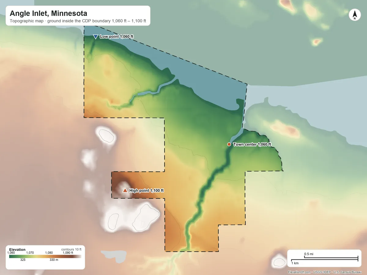 Topographic elevation map of Angle Inlet, Minnesota, shaded from 1,060 ft on the northwest side to 1,100 ft on the southwest side