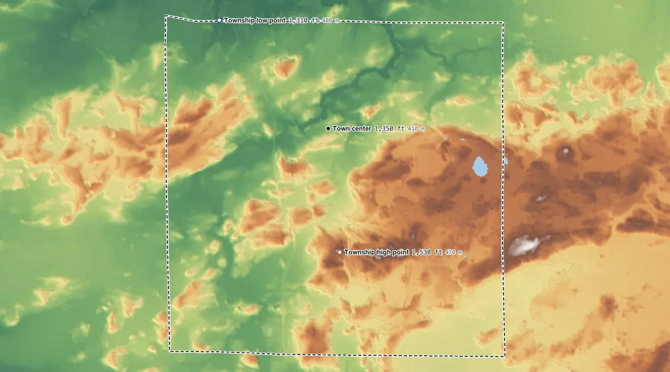 Topographic elevation map of Angora Township, Minnesota, shaded from 1,310 ft on the northwest side to 1,530 ft on the south side