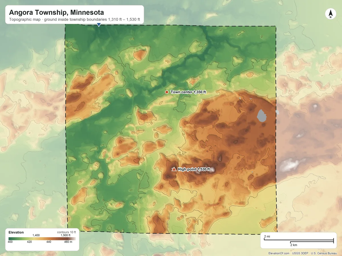 Topographic elevation map of Angora Township, Minnesota, shaded from 1,310 ft on the northwest side to 1,530 ft on the south side