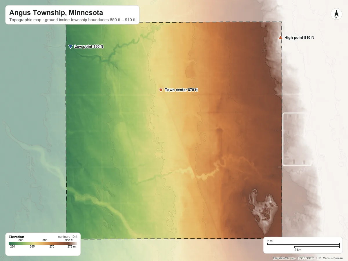 Topographic elevation map of Angus Township, Minnesota, shaded from 850 ft on the northwest side to 910 ft on the northeast side