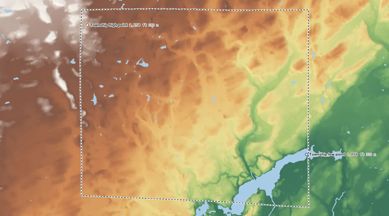 Topographic elevation map of Ann Lake Township, Minnesota, shaded from 1,040 ft on the east side to 1,250 ft on the northwest side