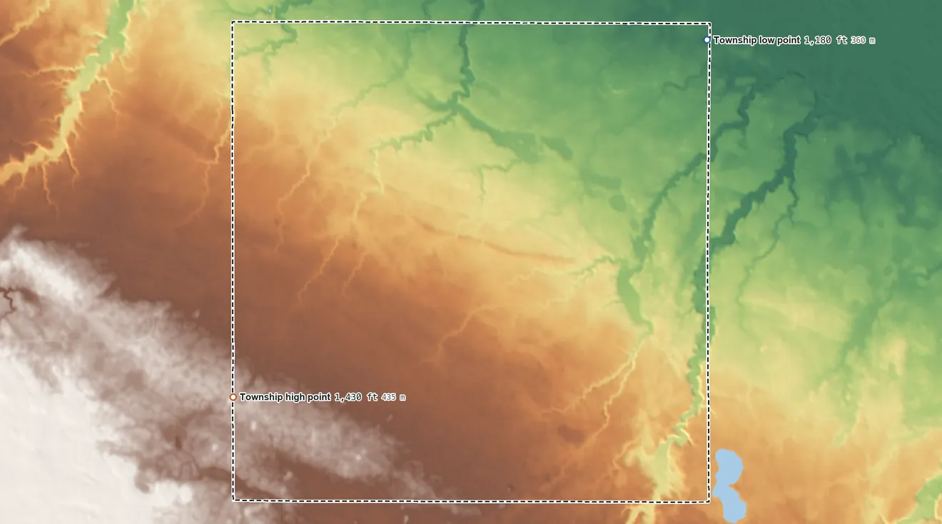 Topographic elevation map of Ann Township, Minnesota, shaded from 1,180 ft on the northeast side to 1,430 ft on the southwest side