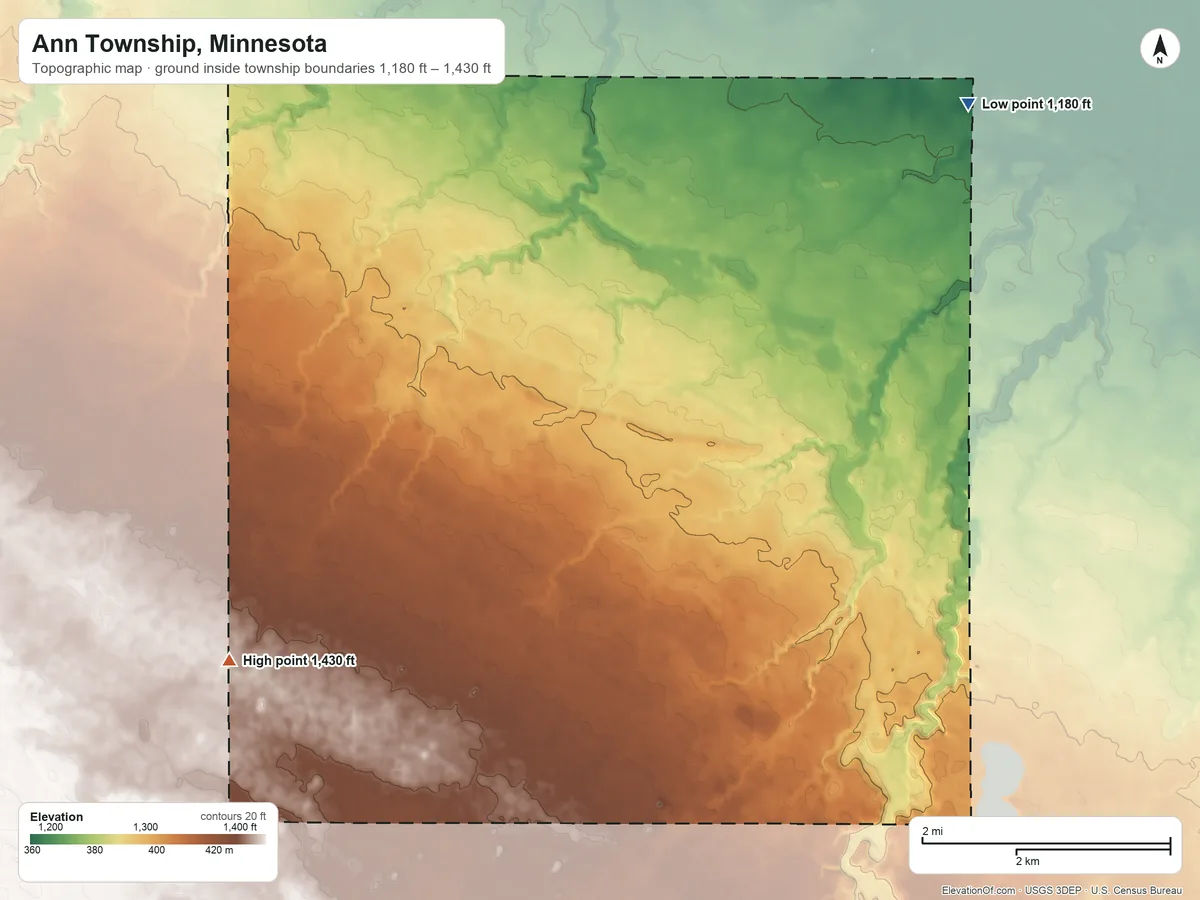 Topographic elevation map of Ann Township, Minnesota, shaded from 1,180 ft on the northeast side to 1,430 ft on the southwest side