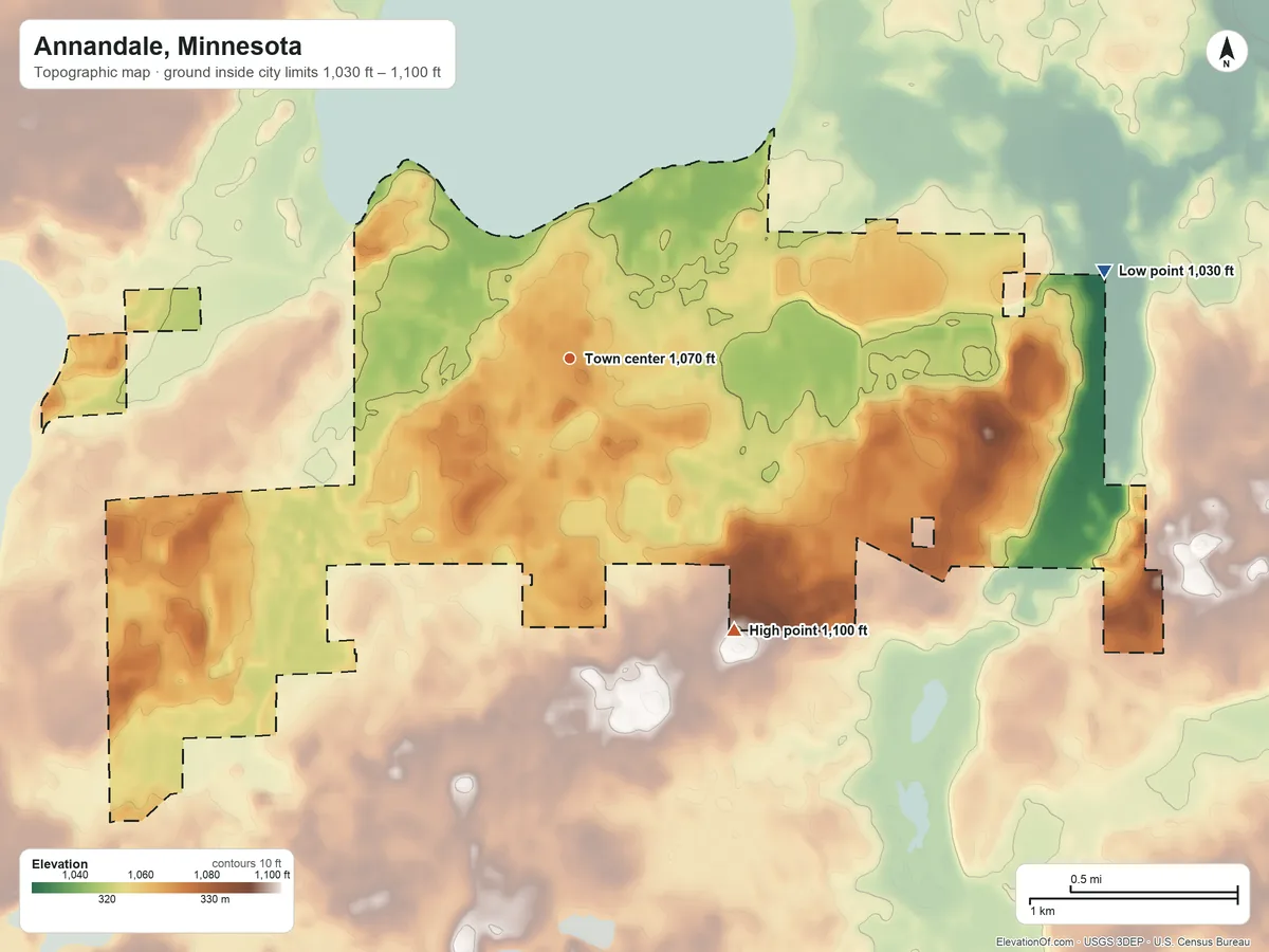 Topographic elevation map of Annandale, Minnesota, shaded from 1,030 ft on the east side to 1,100 ft on the southeast side