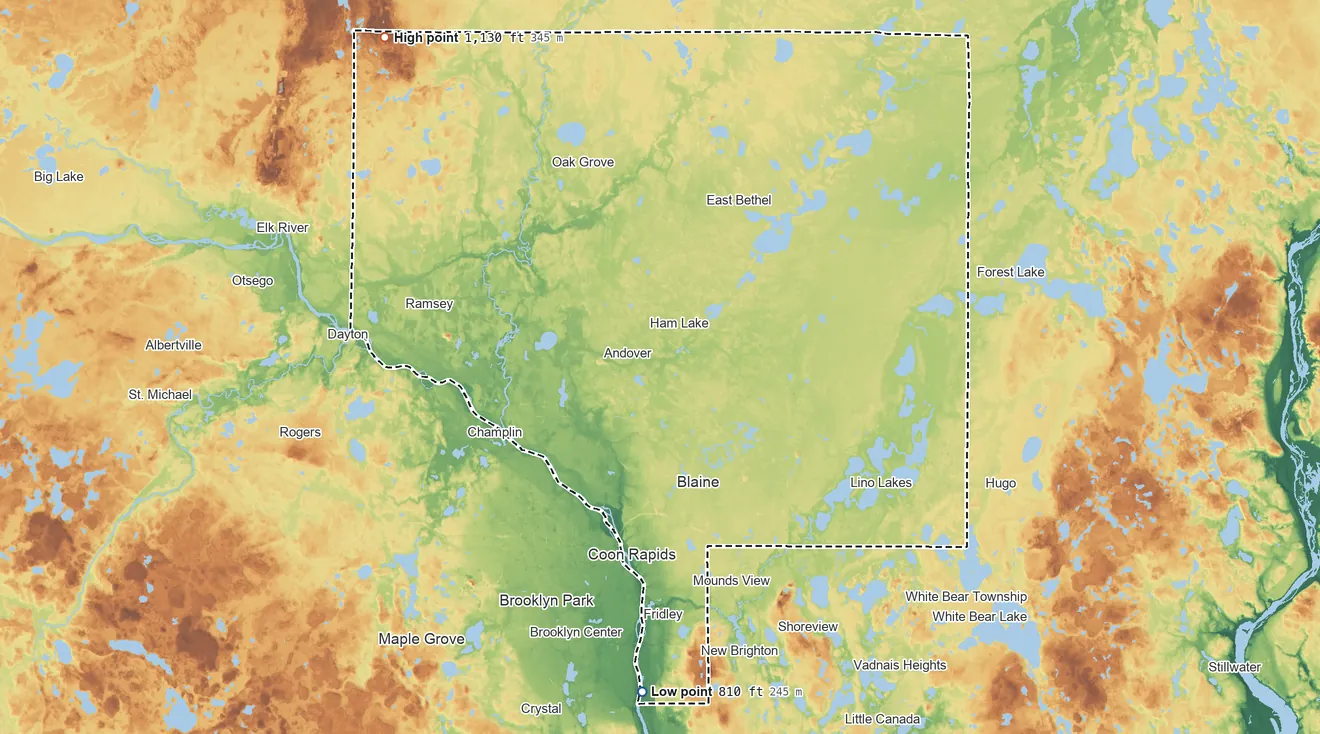 Topographic elevation map of Anoka County, Minnesota, shaded from 810 ft on the south side to 1,130 ft on the northwest side