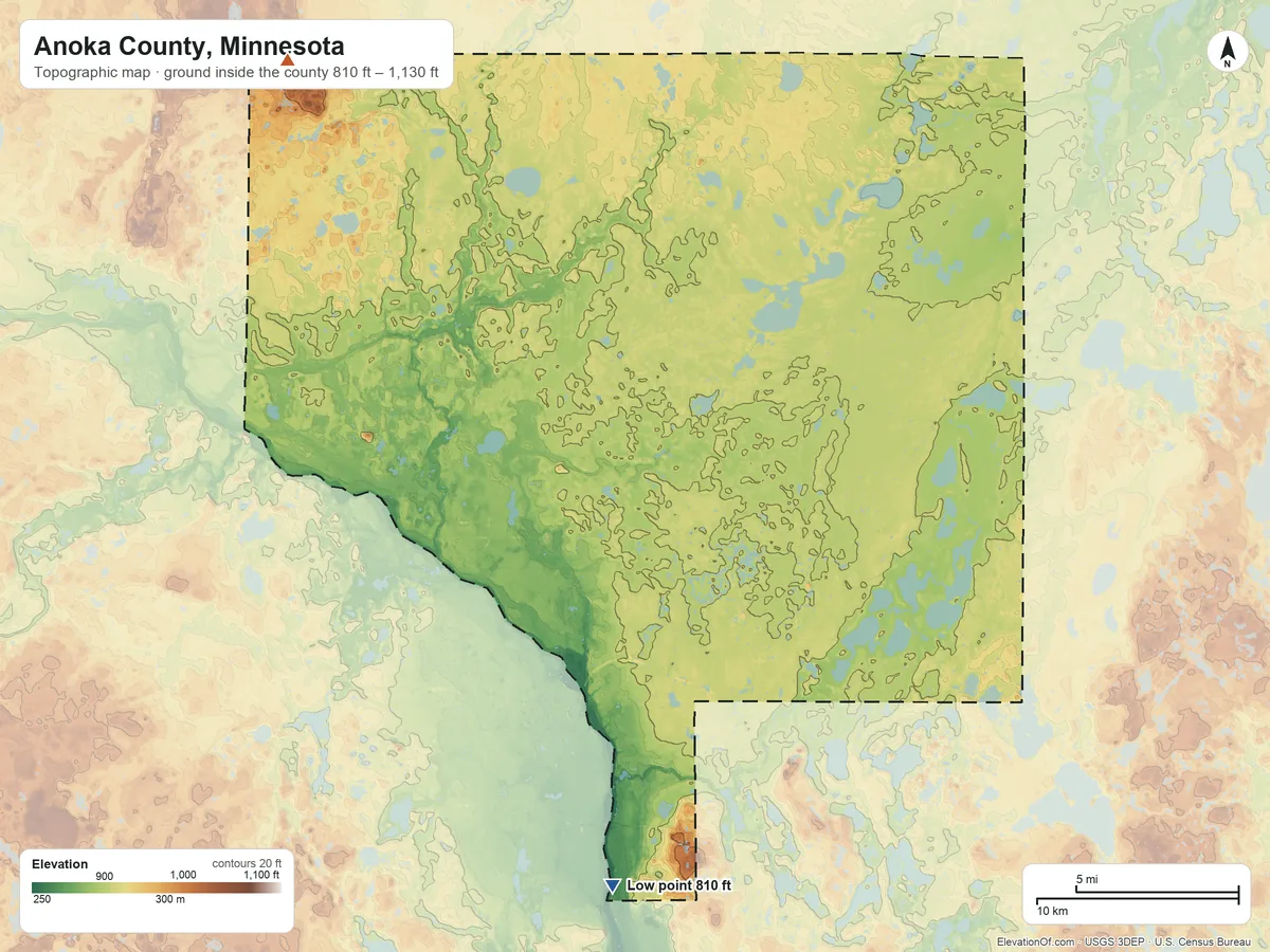 Topographic elevation map of Anoka County, Minnesota, shaded from 810 ft on the south side to 1,130 ft on the northwest side