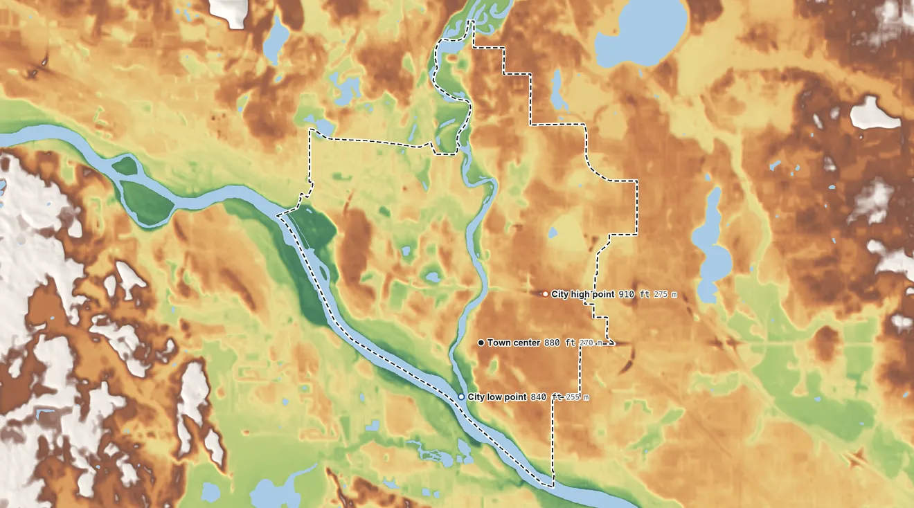 Topographic elevation map of Anoka, Minnesota, shaded from 840 ft near the middle to 910 ft on the northeast side