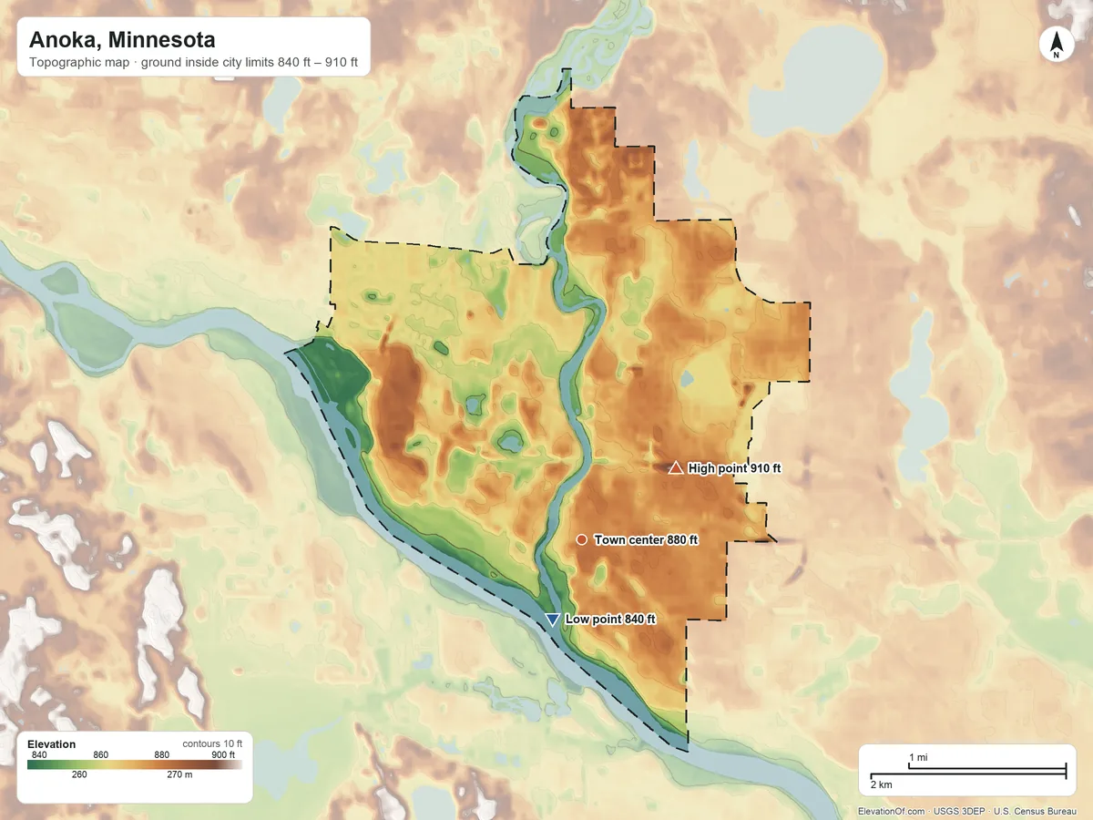 Topographic elevation map of Anoka, Minnesota, shaded from 840 ft near the middle to 910 ft on the northeast side