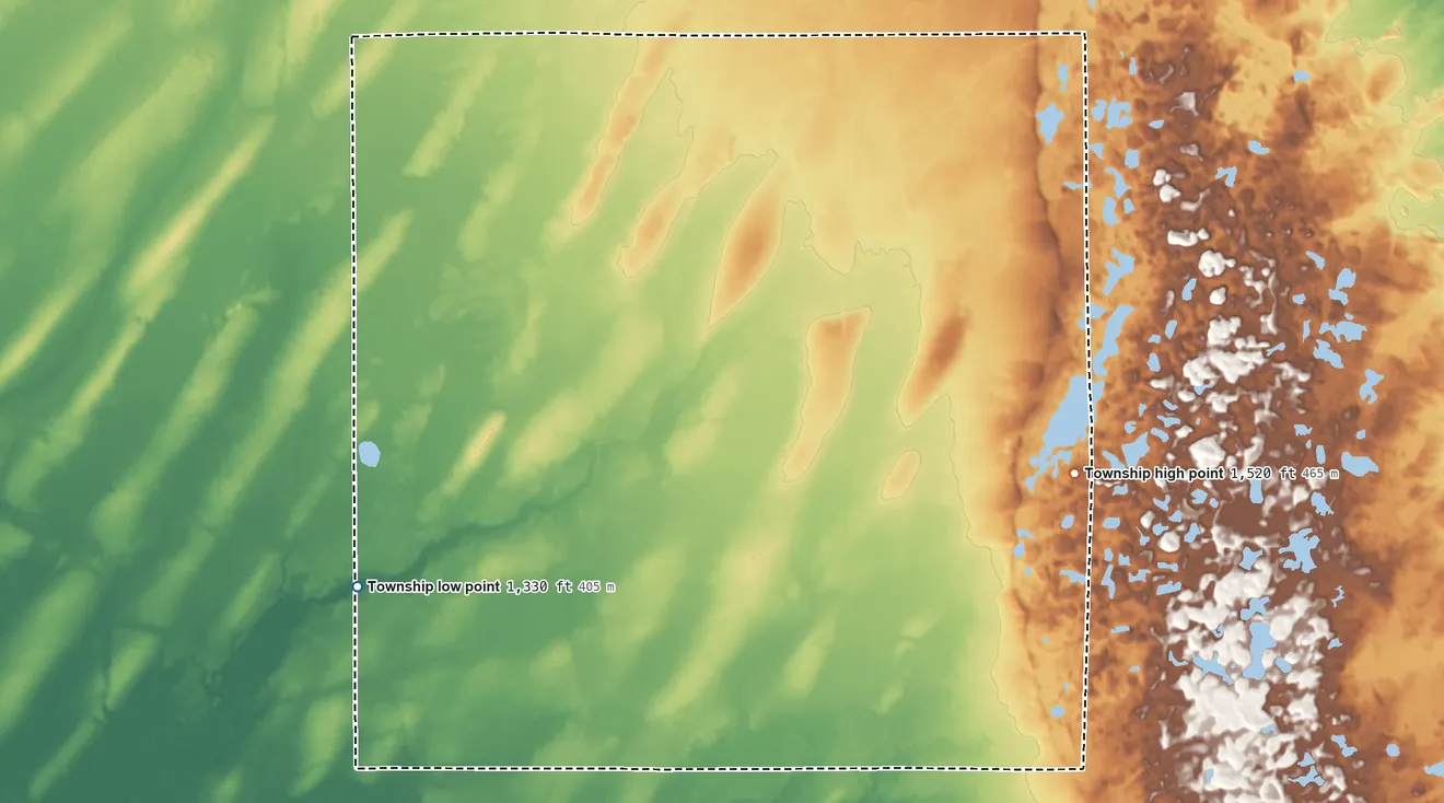Topographic elevation map of Ansel Township, Minnesota, shaded from 1,330 ft on the southwest side to 1,520 ft on the southeast side
