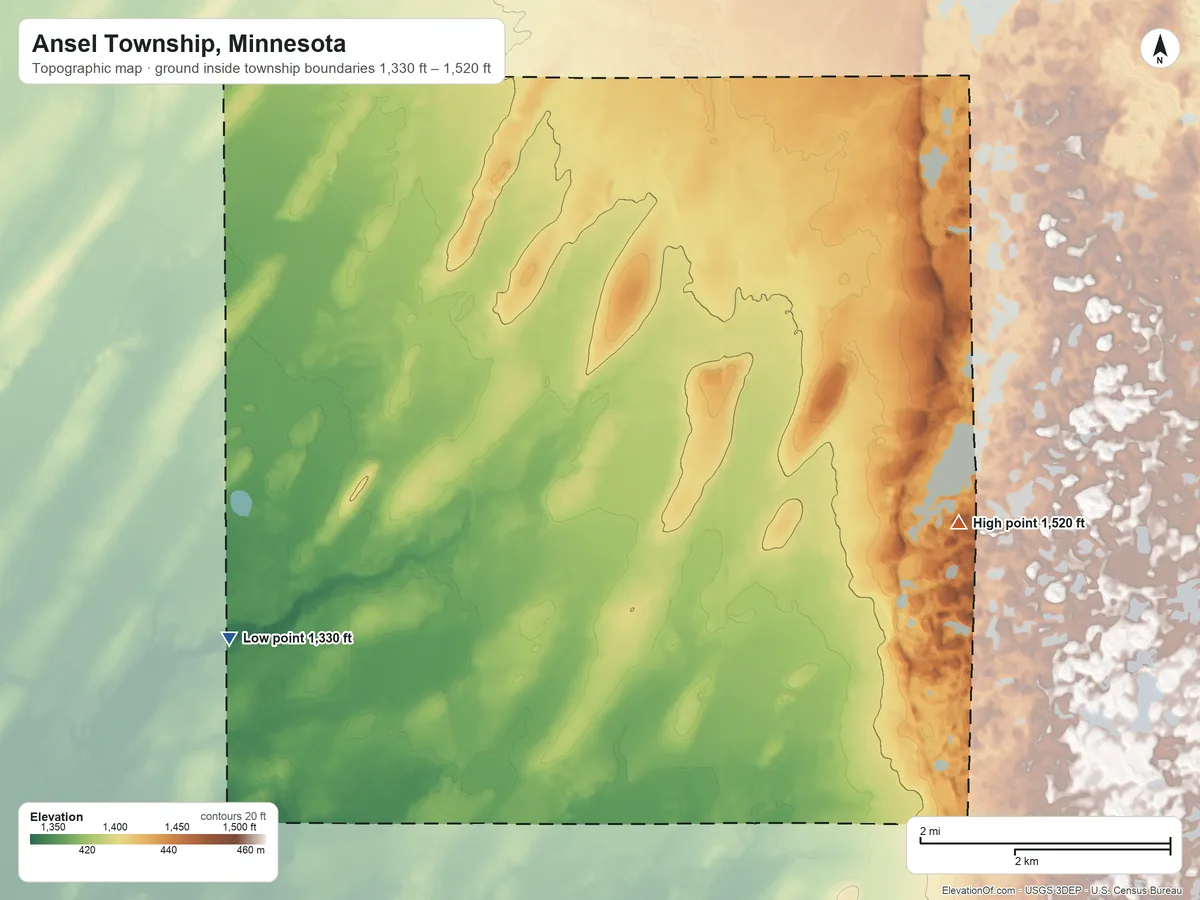 Topographic elevation map of Ansel Township, Minnesota, shaded from 1,330 ft on the southwest side to 1,520 ft on the southeast side