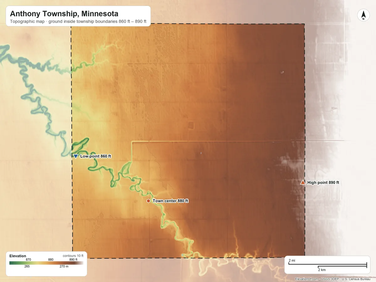 Topographic elevation map of Anthony Township, Minnesota, shaded from 860 ft on the northwest side to 890 ft on the east side
