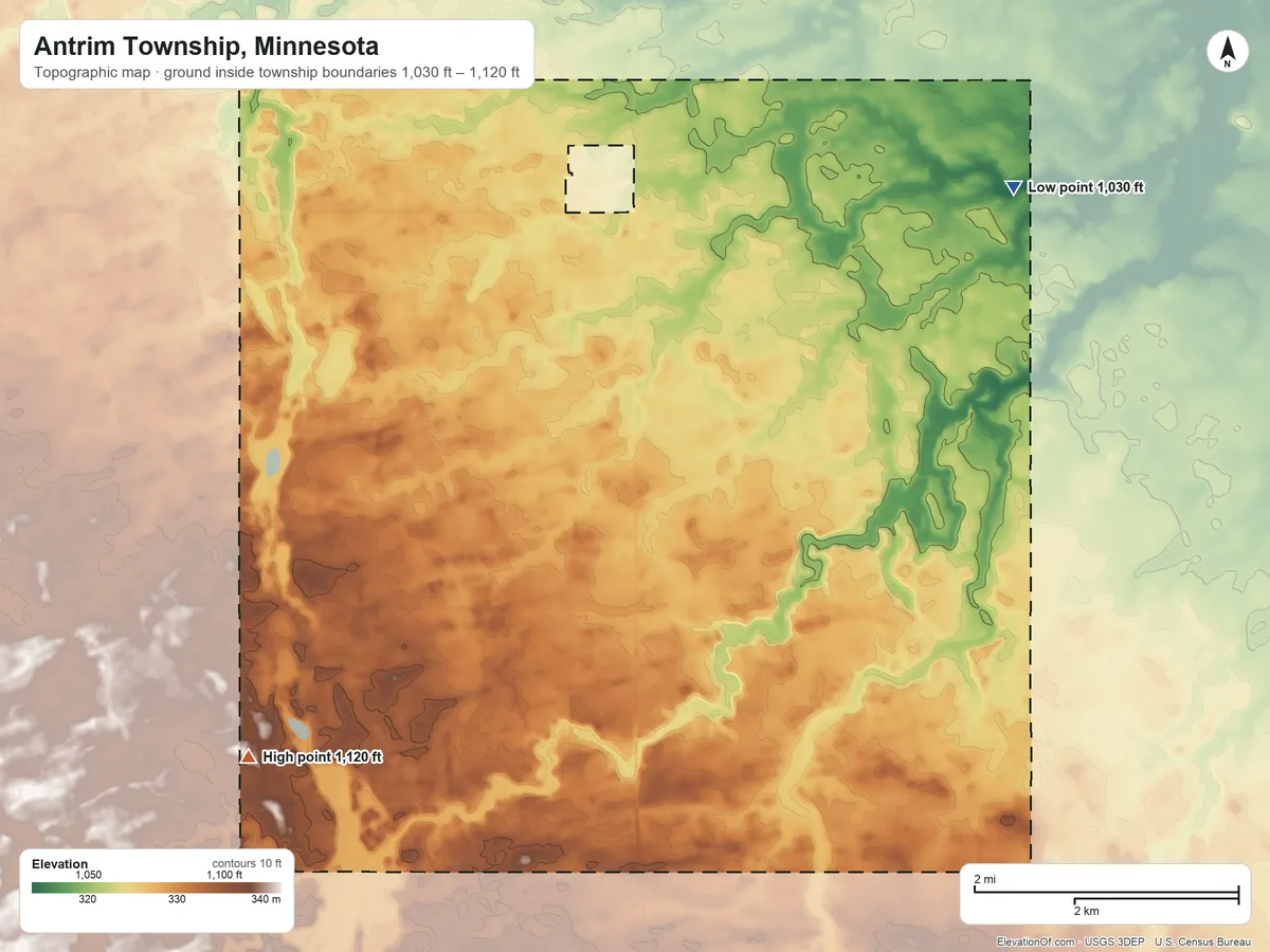Topographic elevation map of Antrim Township, Minnesota, shaded from 1,030 ft on the northeast side to 1,120 ft on the southwest side