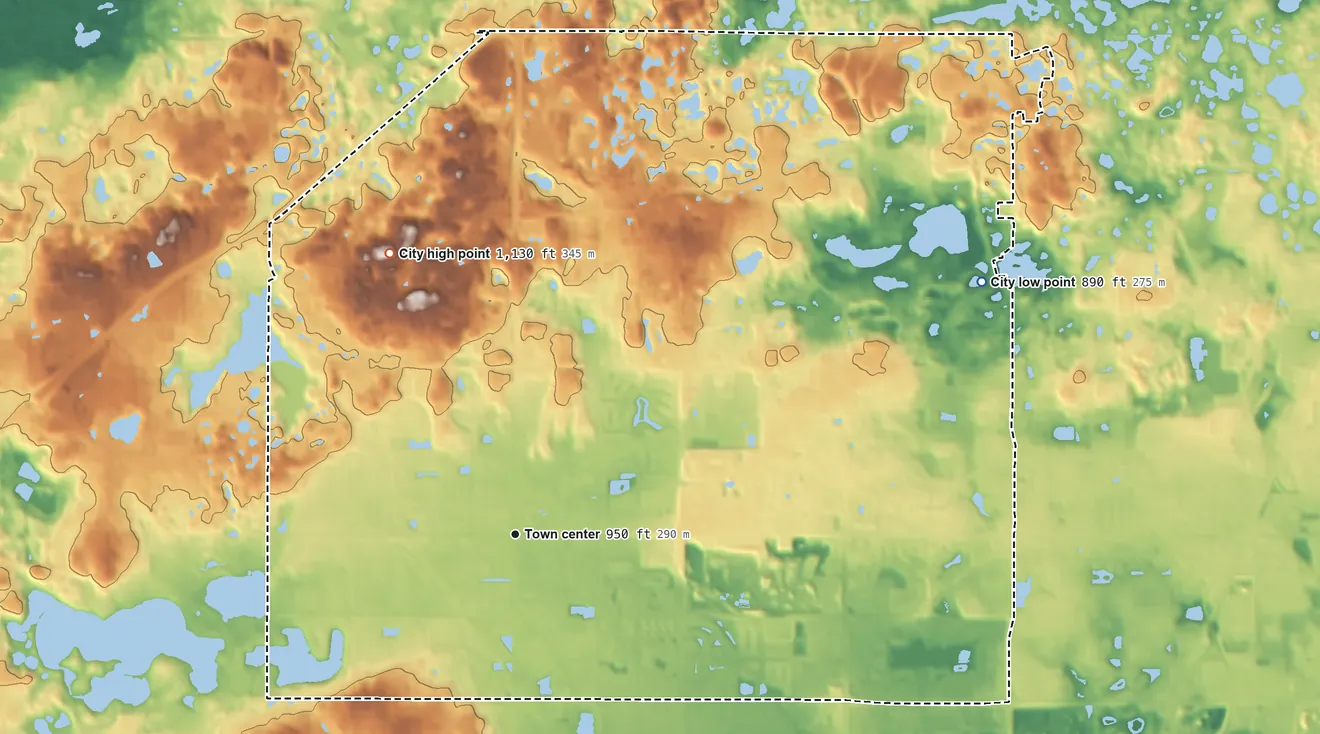Topographic elevation map of Apple Valley, Minnesota, shaded from 890 ft on the northeast side to 1,130 ft on the northwest side
