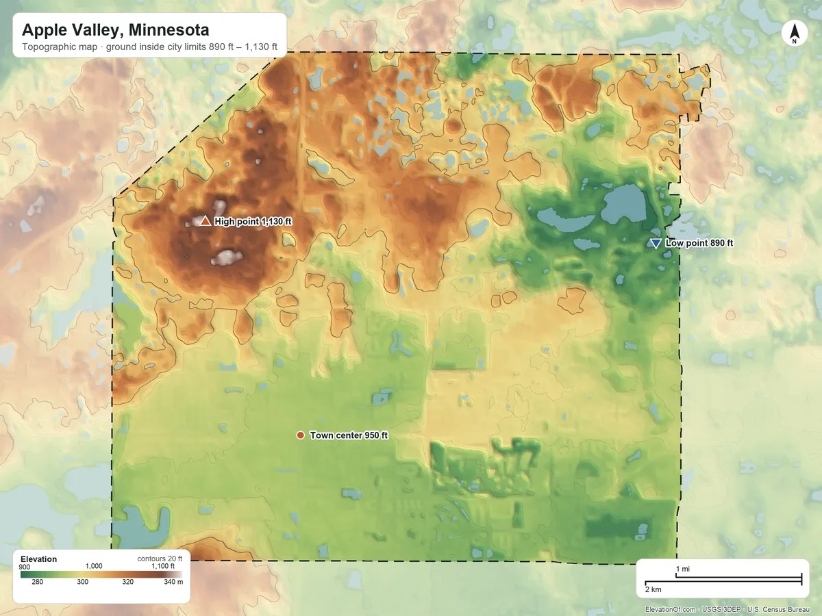 Topographic elevation map of Apple Valley, Minnesota, shaded from 890 ft on the northeast side to 1,130 ft on the northwest side