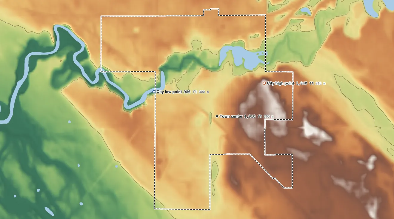 Topographic elevation map of Appleton, Minnesota, shaded from 980 ft on the west side to 1,040 ft on the northeast side