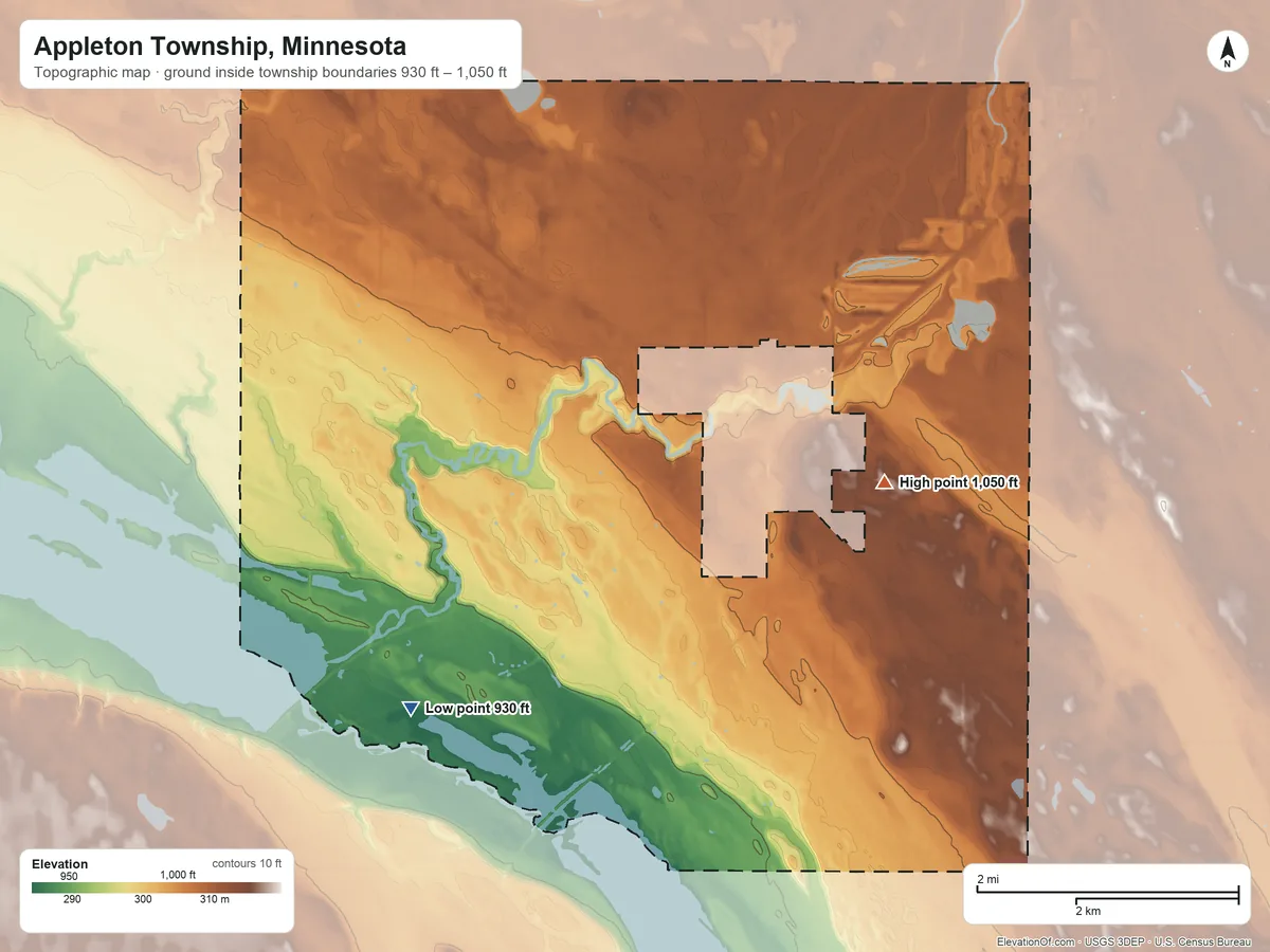 Topographic elevation map of Appleton Township, Minnesota, shaded from 930 ft on the southwest side to 1,050 ft on the east side