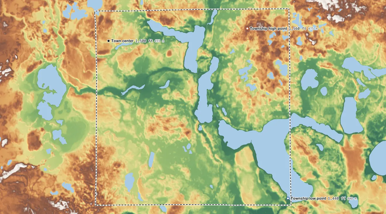 Topographic elevation map of Arago Township, Minnesota, shaded from 1,440 ft on the southeast side to 1,560 ft on the east side
