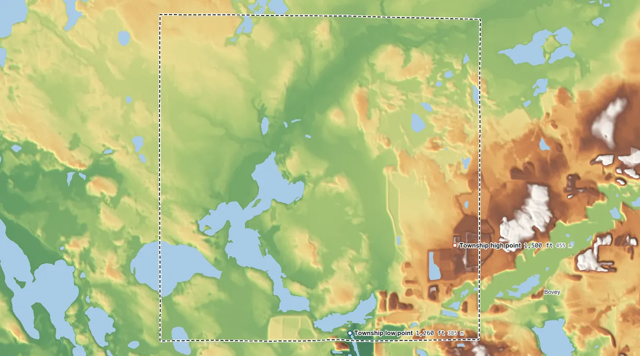 Topographic elevation map of Arbo Township, Minnesota, shaded from 1,260 ft on the southeast side to 1,500 ft on the east side