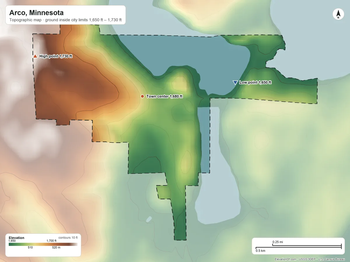 Topographic elevation map of Arco, Minnesota, shaded from 1,650 ft on the east side to 1,730 ft on the west side
