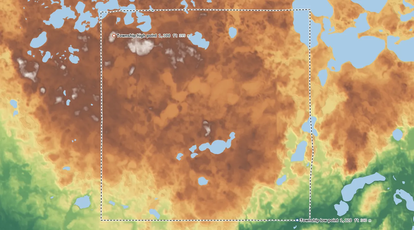 Topographic elevation map of Arctander Township, Minnesota, shaded from 1,120 ft on the southeast side to 1,300 ft on the northwest side