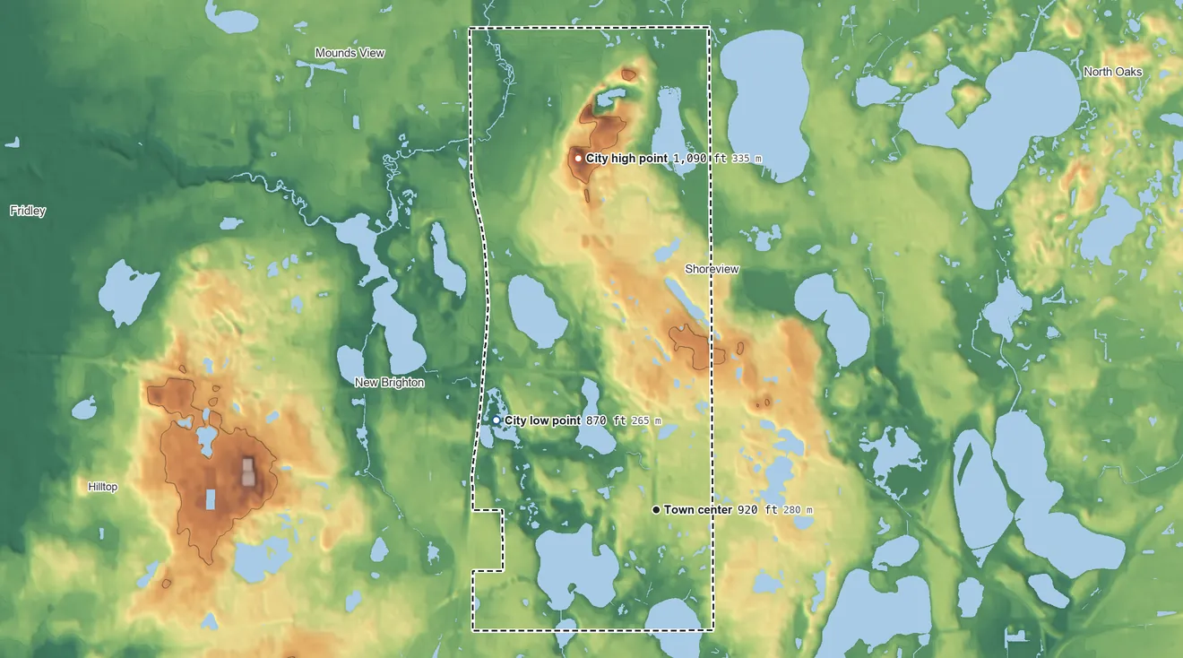 Topographic elevation map of Arden Hills, Minnesota, shaded from 870 ft on the northwest side to 1,090 ft on the north side